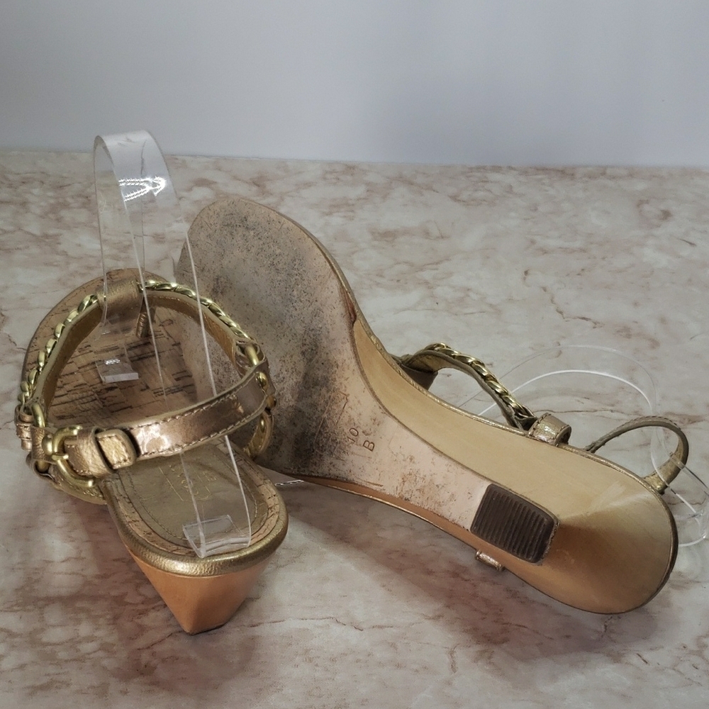 Coach Gold T-Strap Wedge Sandals with Chain Detail Size 10 - Picture 6 of 7